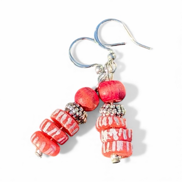 Handcrafted Red striped sand cast glass & wood Earrings - Picture 15 of 16